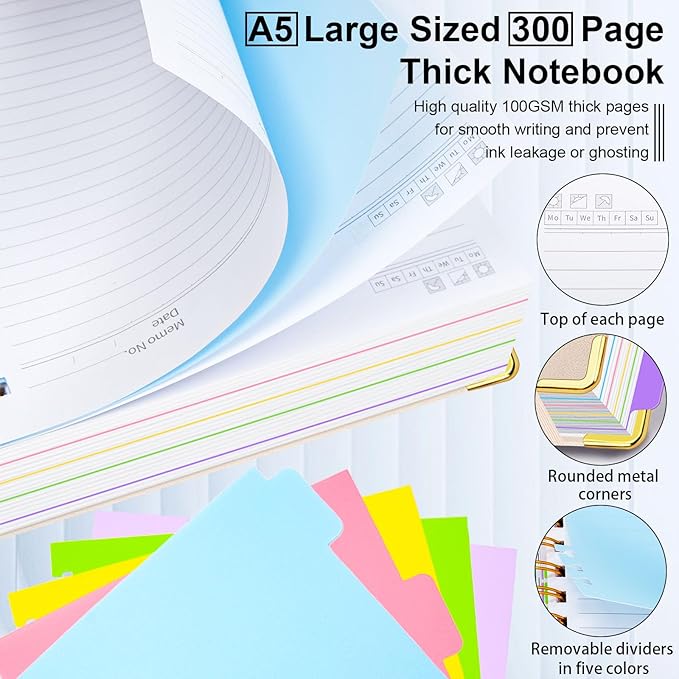 Hardcover Spiral Notebook 5.7"x 8.2" Journal Notebook with Tabs and Removable Dividers 300 Pages 5 Subject Notebook College Ruled, Faux Leather Spiral Bound Notebook for Women School Work(White)