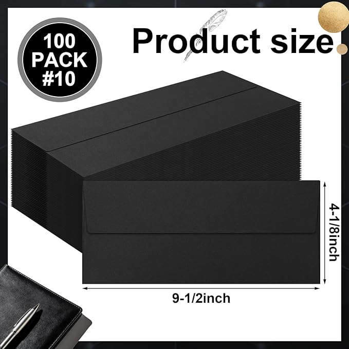 Marspark 100 Qty #10 Black Business Envelopes 80 lb 4-1/8'' x 9-1/2'' Peel Press Letter Size Envelopes Professional Mailing Printable for Security Office Use Home Mail