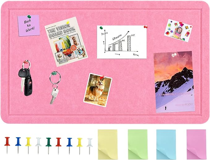 Vuzvuv Pink 28"x16" Large Cork Board with 50 Push Pins & Sticky Notes, Self-Adhesive Bulletin Board for Wall, Felt Pin Vision Board for Paste Notes,Schedules Offices Home