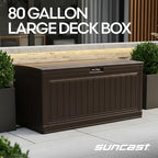 Suncast 80-Gal. Waterproof Resin Large Outdoor Patio Deck Box with Pad-Lockable Lid, Modern Outdoor Patio Bench/Storage Box for Cushions, Garden Tools, and More, Java