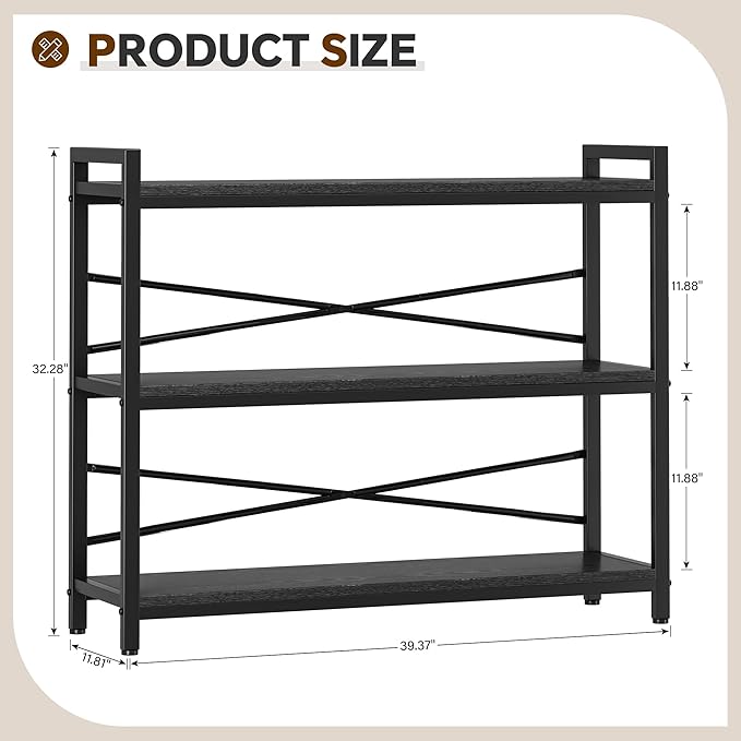 3 Tier Bookshelf 39.37" Width, Dorm Desk Hutch, Desk Shelf, Long Industrial Bookcase, Wooden Large Book Shelf for School Home Living Room Bedroom Office Storage(Black)