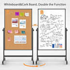 Double-Sided Whiteboard and Corkboard on Wheels, 48 x 32 Inch Magnetic Dry Erase Board with Adjustable Height Stand, Rolling Mobile Board for Office, Classroom, Presentation & Planning (Cork & Black)