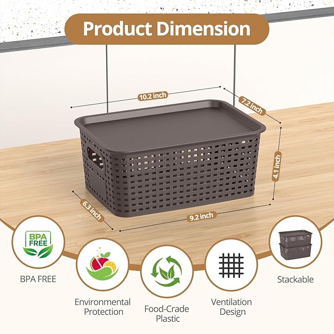 ZFTMRR Plastic Storage Basket with Lid, Stackable Small Box Bins for Organizing and Containers for Shelves Drawers Desktop Closet Playroom Pantry Classroom Office Home, 8 Pack 10.2x7.2x4.1 Inch, Brown