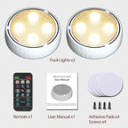 Onumii Puck Lights with Remote Battery Operated ED Under Cabinet Lighting Wireless Stick on Color Changing Timer Tap Lights for Cabinets Shelves Closets Display Case - 2Pack White