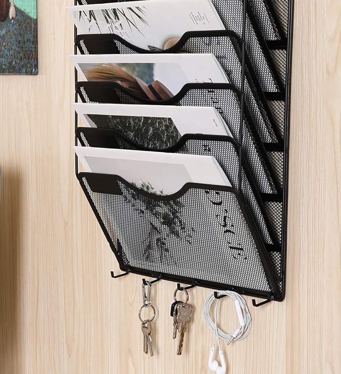 EasyPAG 10 Pocket Mesh Wall File Organizer with Key Hooks, Hanging Paper Folder Holder with Classify Label, Vertical Wall Mount Mail Organizer for Office Home Classroom, Black