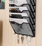 EasyPAG 8 Pocket Mesh Wall File Organizer with Key Hooks, Hanging Paper Folder Holder with Classify Label, Vertical Wall Mount Mail Organizer for Office Home Classroom, Black