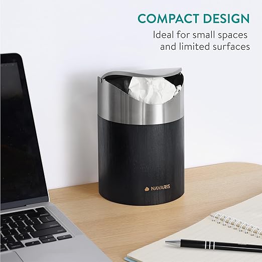 Navaris Black Mini Trash Can - Small Bin with Stainless Steel Swing Lid for Easy Access - Desktop Bin Ideal for Office, Bathroom and Kitchen Counter - Compact and Easy to Clean