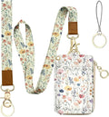 bolimoss 2-in-1 ID Badge Holder & Lanyard Wallet, Cute Florals Leather ID Badge Wallet for Teacher, 5 Card Slots Side Zipper Pocket Detachable Neck Wrist Lanyard for Key (Watercolor Flower)