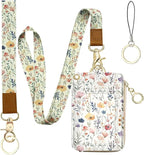 bolimoss 2-in-1 ID Badge Holder & Lanyard Wallet, Cute Florals Leather ID Badge Wallet for Teacher, 5 Card Slots Side Zipper Pocket Detachable Neck Wrist Lanyard for Key (Watercolor Flower)