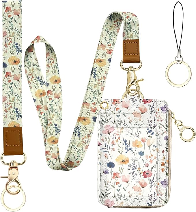 bolimoss 2-in-1 ID Badge Holder & Lanyard Wallet, Cute Florals Leather ID Badge Wallet for Teacher, 5 Card Slots Side Zipper Pocket Detachable Neck Wrist Lanyard for Key (Watercolor Flower)