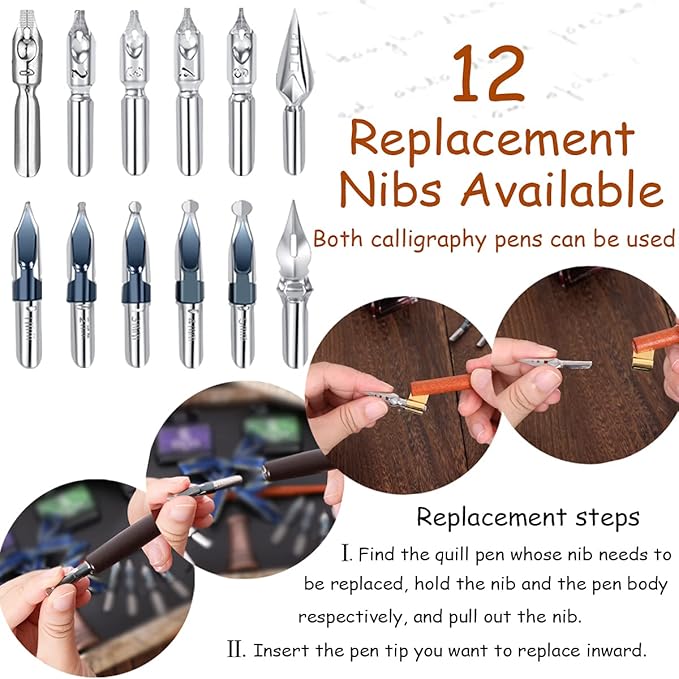 YICMY Calligraphy Pen Set,Calligraphy Set For Beginners Includes Oblique Pen Wooden Calligraphy Pen 12 Pen Nibs & 4 Different Color Inks Dip Pen Set Fountain Pen Set Retro Gift