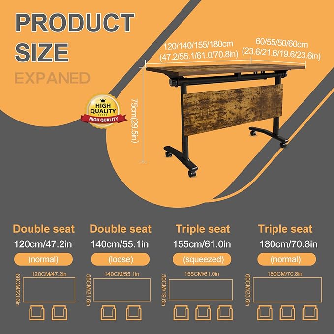Folding Conference Table 4ft 5ft, Foldable Office Meeting Desk for 6 People, Multiple Sizes Colors Mobile Conference Room Table for Training Room School Business Furniture (2, Brown, 47in)