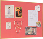 Lightomorrow Bulletin Board 23.6 x 17.7 inches, Coral Red Pin Board, Golden Aluminum Framed Fabric Cork Board with 10 Push Pins