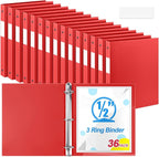 Henoyso 36 Pcs 3 Ring Binder 0.5 Inch Round Fits Letter Size 8.5'' x 11'' Paper Plastic Flexible Binder Bulk Holds 140 Sheets with 1 Pockets Versatile Organizer for Home Office School (Red)
