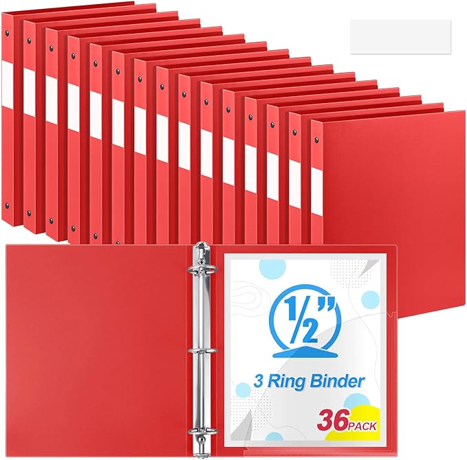 Henoyso 36 Pcs 3 Ring Binder 0.5 Inch Round Fits Letter Size 8.5'' x 11'' Paper Plastic Flexible Binder Bulk Holds 140 Sheets with 1 Pockets Versatile Organizer for Home Office School (Red)