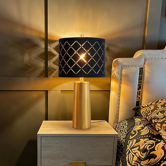 RORIANO 24" Modern Table Lamp for Living Room Bedroom, Gold Nightstand Resin Lamp with Black Grid Shade