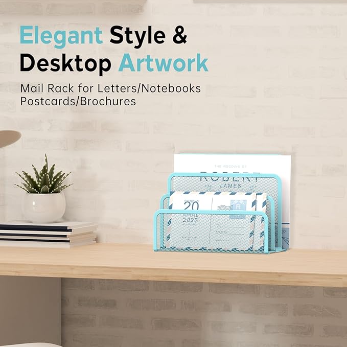 SUPEASY Mail Organizer for Desk, Mesh Metal Mail Holder Countertop with 3-Slot, Letter Sorter File Holder, Office Envelope Organizer for Mails (Blue)