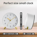 Analog Alarm Clock, 4 inch Super Silent Non Ticking Small Clock with Night Light, Battery Operated, Simple Design, easy setting for Office, Bedroom, Bedside, Desk, teens, elders, kids, adult, White