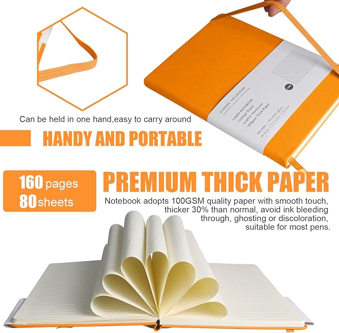 EMOMAS Lined Journal Notebook, 10Pack Hardcover Notebook for Men & Women – Journals for Writing, Work, School, Home & Daily Notes, 160 Pages – Medium A5, 5.7"x8", 100 gsm Thick Paper (Orange)
