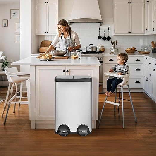 JM ·YIPENG Kitchen Trash Can, 2 x 8 Gallon (2 x 30 L) Recycling Bin with Lid, Double Trash Can, Soft-Close Foot Pedal, 2 Compartments Garbage Cans for Kitchen, Dual Trash Cans, Silver