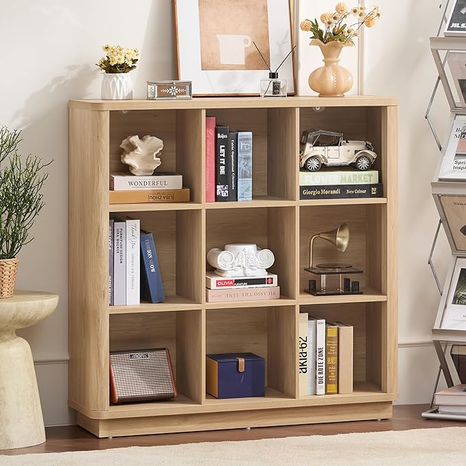 Joaxswe 9 Cube Storage Book Shelf, 41" Tall Organizer Bookshelf with Curved Edge, Modern Floor Standing 3-Tier Cubby Bookcase with Base, Wood Display Book Case for Living Room, Home Office,Natural Oak