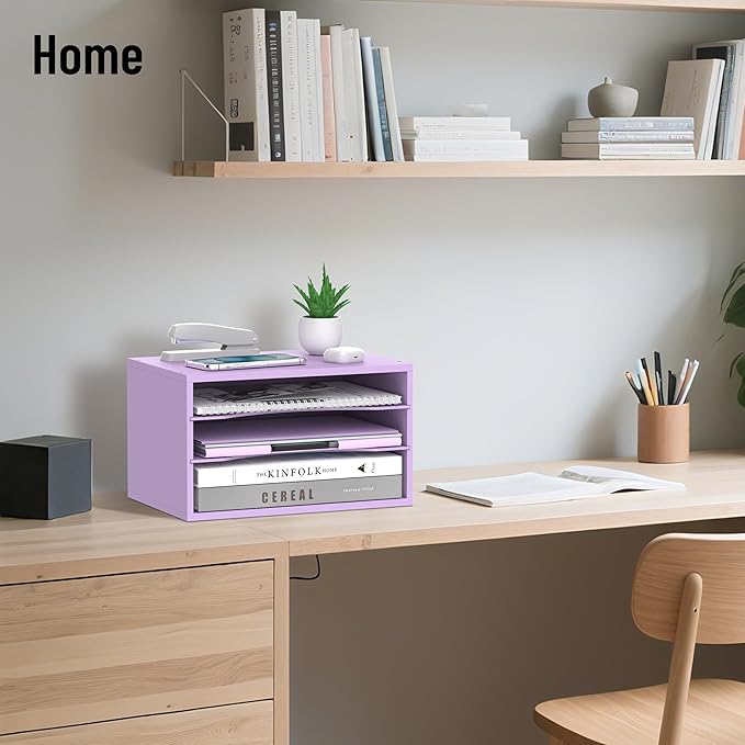 SHARKWOODS Wood Desk Organizer, 3 Tier Paper Tray Organizer for Desk with Adjustable Storage Shelves, Desktop File Organization Paper Sorter Mail Holder for Office Home Classroom, Purple