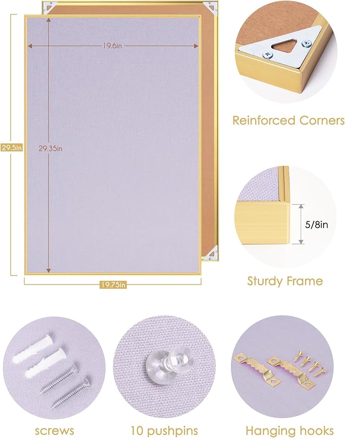 Lightomorrow Bulletin Board 30 x 20 inches, Light Lavender Pin Board, Golden Aluminum Framed Fabric Cork Board with 10 Push Pins