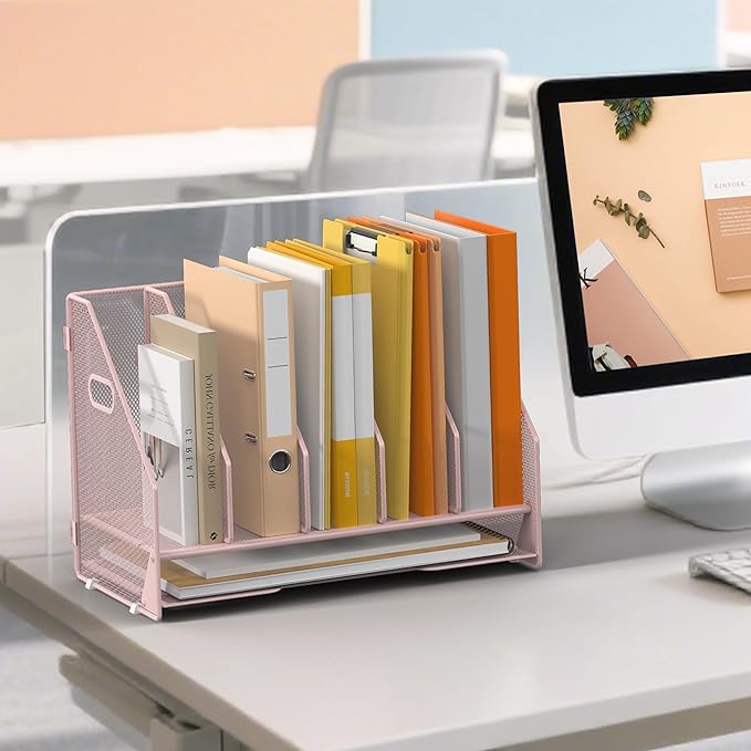OrgMate Desk File Folder Holder Organizer-5 Vertical Compartments Racks and Paper Letter Tray,Mesh Magazine File Holder Sorter,Desktop Accessories & Workspace Organizers for Home,Office,School-Pink