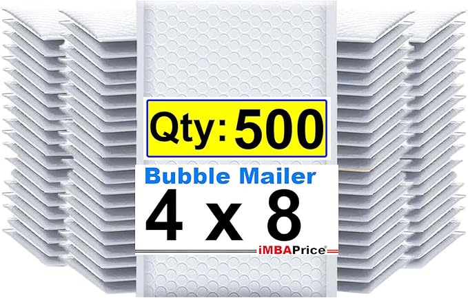 iMBAPrice 4x8 Inches White Color Polybubble Bag, 500-Pack Small Size #000 Self Seal Poly Bubble Mailers Padded Packing Envelopes (Total 500 Bags)