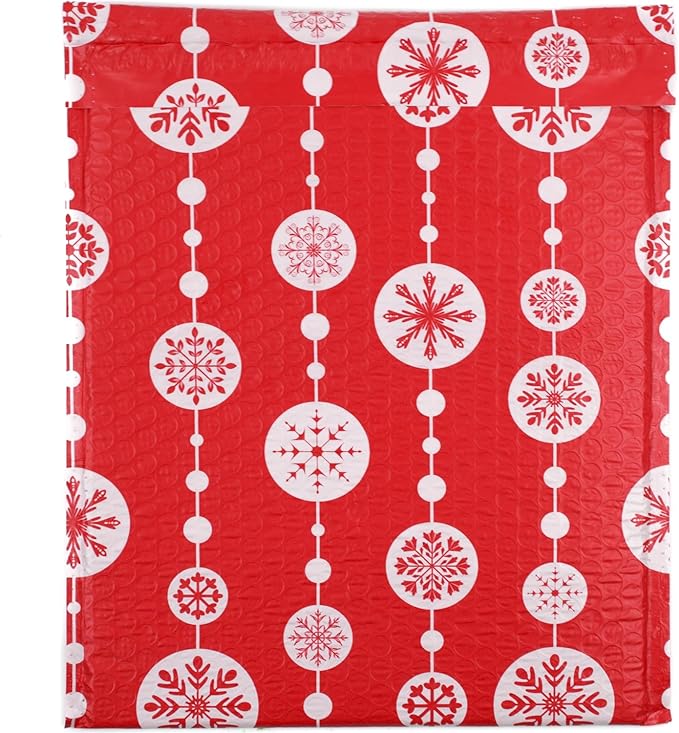 Bubble Mailers 10x13" - Red Snowflake Baubles with Writable Area - 25 Pack - Holiday Poly Padded Envelopes and Bubble Shipping Mailers