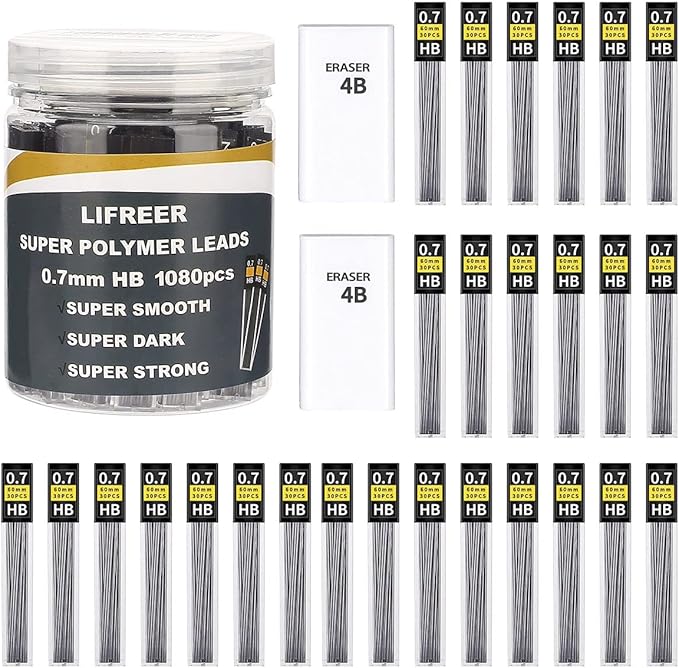 Lifreer 0.7 Lead Refills (1080 Pcs), Unbreakable 0.7 mm Lead Refills and 2 Premium Erasers, Long Lasting HB Pencil Lead 0.7 Refill,Mechanical Pencil Lead 0.7mm for Students & Professionals