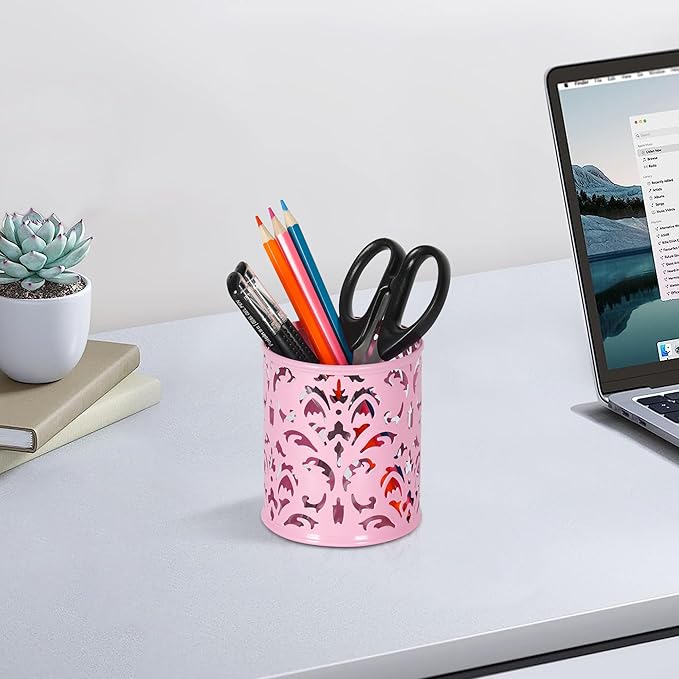 EasyPAG Pink Pen Holder for Desk, 2 Pack Round Pen Organizer, Brush Holder for Vanity, Metal Pencil Cup Organizer for Home, Office, Classroom, School