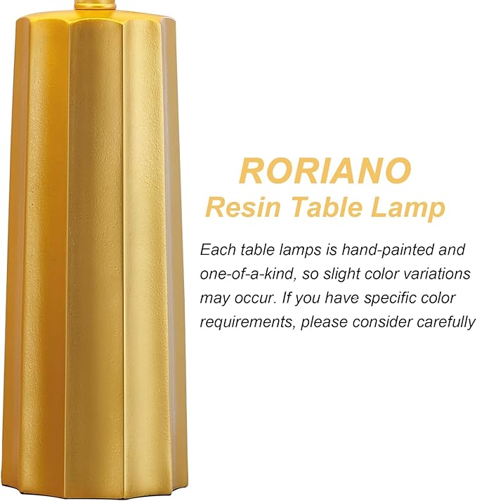 RORIANO Set of 2 Modern Table Lamps for Living Room Bedroom, Gold Nightstand Resin Lamps with Black Grid Shade, Contemporary Desk Lamps for Bedside End Tables, 2 Bulbs Included (Gold)