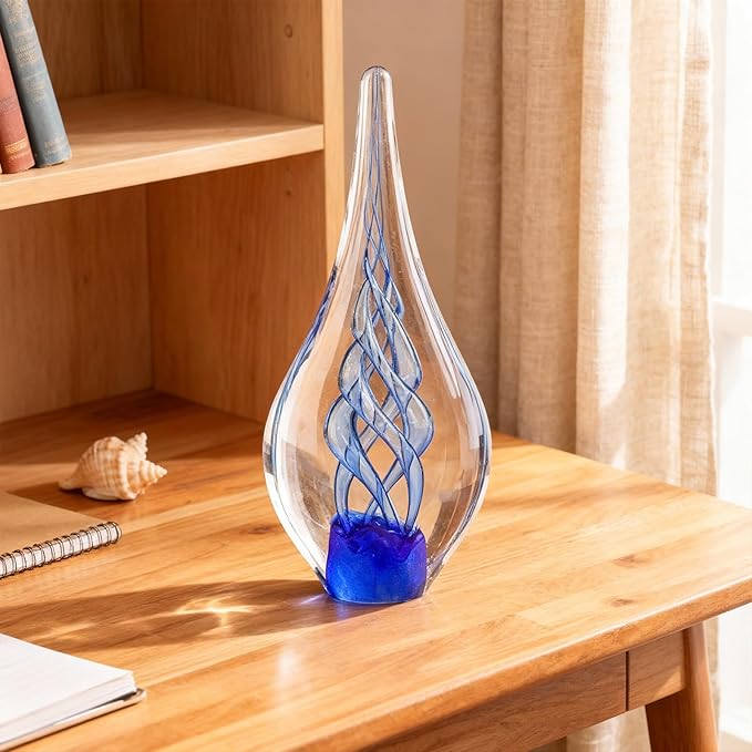 9" Tall Sculpture Hand Blown Glass Decor, Paperweight for Office Desk, Modern Glass Art Figurines Mediterranean Beach House Decor, Living Room Coffee Shelves Table Top Decoration (Swirl Blue)