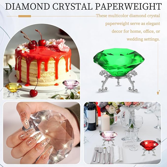 PATIKIL Diamond Crystal Paperweight, 80mm / 3.15" Crystal Paperweight Paper Weight with Silver 19 Metal Base for Home Office Desktop Table Decor Wedding Party Ornaments, Green