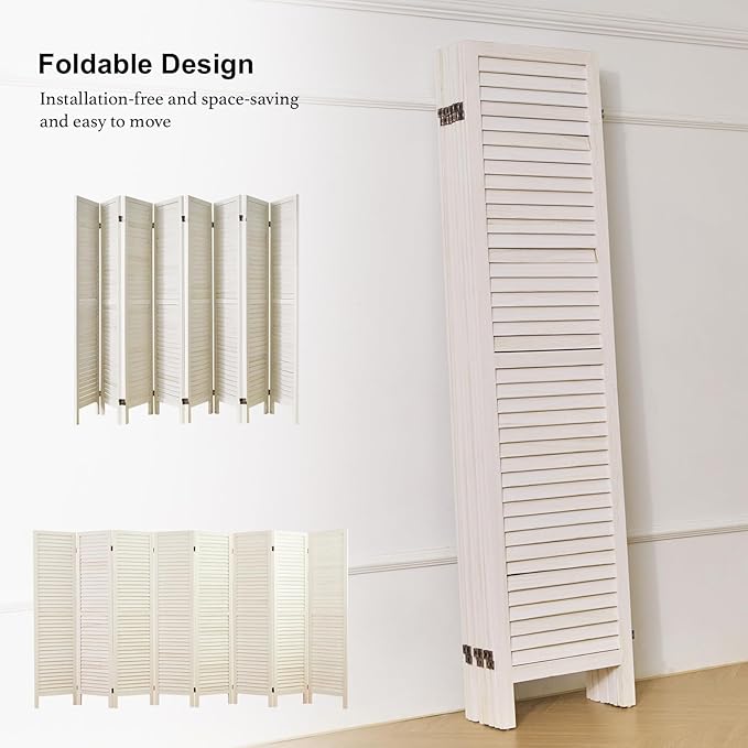 White Room Divider, Temporary Wall with Double Hinges, 5.6 Ft Tall Folding Louver Wood Screen for Home Office Bedroom Hotel Decoration (8 Panels)