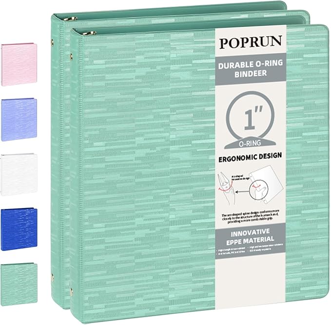 POPRUN 3 Ring Binder 1 Inch, PVC-Free, Holds 175 Sheets of 8.5 x 11 Paper, Extra Durable Organizer with 2 Pockets for School & Office, Heavy-Duty, 2 Pack, Midnight Green