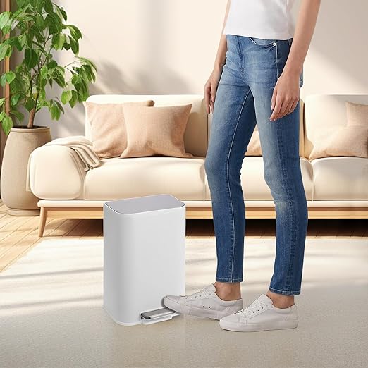 DYTesa 3 Gallon Rectangular Kitchen Trash Can - White Stainless Steel with Foot Pedal, Soft-Close Lid & Removable Inner Bucket, Suitable for Home/Office/Living Room