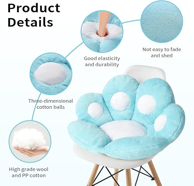 Ditucu Cat Paw Cushion Kawaii Chair Cushions 27.5 x 23.6 inch Cute Stuff Seat Pad Comfy Lazy Sofa Office Floor Pillow for Gaming Chairs Room Decor Blue
