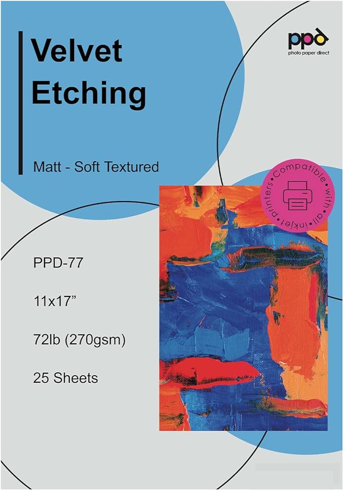 PPD Watercolor Printer & Printable Fine Art Paper for Inkjet Printer, Textured Giclee Archival Acid Free Paper 11 x 17, Professional Grade, Heavyweight 270 gsm/65 lb (25 Sheets)