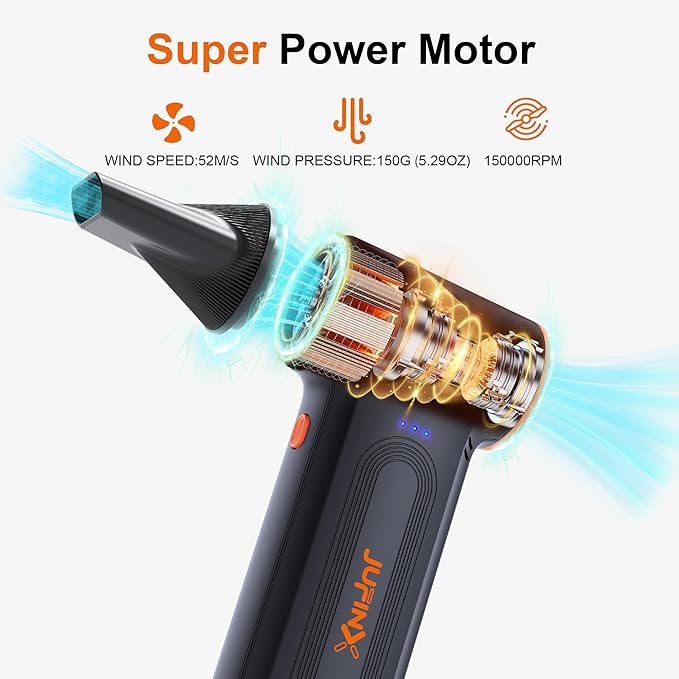 JUFINX X117 Compressed Air Duster-150000RPM Super Power Snow Blower, 3-Gear Adjustable Mini Blower with Fast Charging, Electric Air Duster for Leaves,Snow,Computer, Keyboard, House, Outdoor,and Car