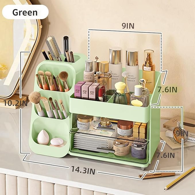 KQJS Makeup Organizer with Drawers,Large Capacity Countertop Organizer for Vanity,Bathroom and Bedroom Desk Cosmetics Organizer,Easy To Storage Skincare,Brushes,Lotions,Lipstick (Green)