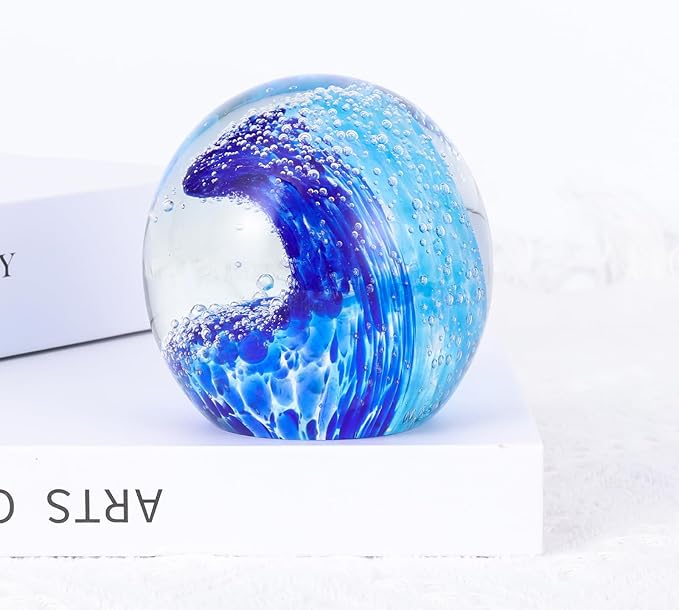 LCCCK Hand Blown Glass Ocean Waves Glass Ball Beach Office Decor, Blue Glass Paperweight Ideal Beach Decorations for Home, Suitability Seaside Villa Aquarium Ocean Lover's Gift