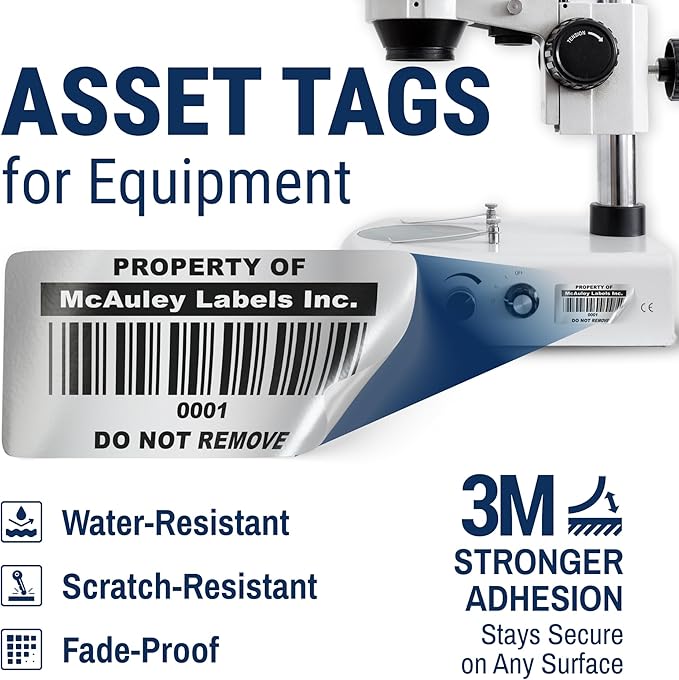 McAuley Labels Custom Asset Tags for Equipment - Numbered, Permanent - Heavy Duty Metalized Polyester, Stronger Adhesive - Barcode Label - 2x1