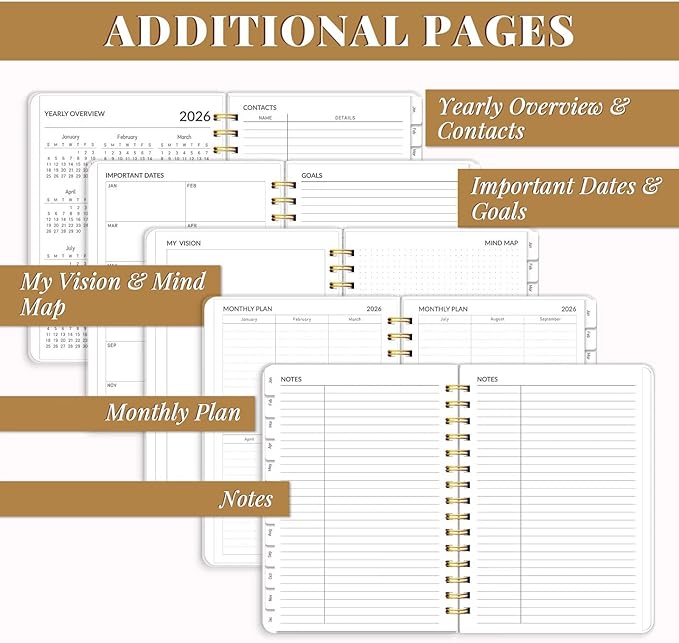 2026 Planner, Weekly and Monthly Planners with Tabs, A5 Spiral Bound Daily Calendar 2026 Planner, 12 Month Agenda Organizers from Jan. to Dec., Flexible Cover Appointment Book(Black Gold Flower)