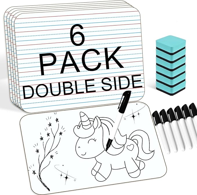 COYMOS 6 Pack Small White Board with Lines 9 x 12 Inch Double Sided Mini Dry Erase Board Classroom Pack Portable Dry Erase Lapboard for Kids Teacher Supplies with 6 Erasers and 6 Markers