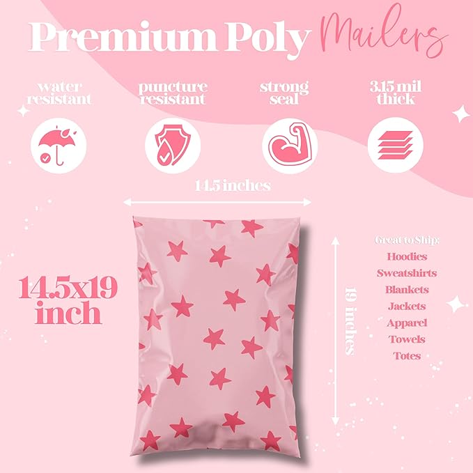 Pretty Package Store 14.5x19 Designer Poly Mailer 100 Pack Heavy Duty Waterproof Self Seal Shipping Bags for Small Business Large Mailing Envelopes Bulk Tear Resistant Cute Packaging Seeing Stars Pink