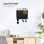 Nekon Mail Organizer with Drawer for Wall, 12"W x 10"H x 3.1"D Mail Sorter Wall Mounted, Wooden Key Holder Wall File Organizer Letter Sorter for Letter Magazines (Black)