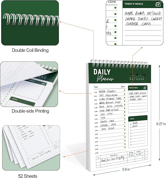 To Do List Notebook Daily Planner A5 CheckList Pad 52 Sheets, 5.9" x 8.2" Daily Schedule Goal and Tasks Setting Notepad Productivity Planner, Spiral Appointment Organizers, A5-DG