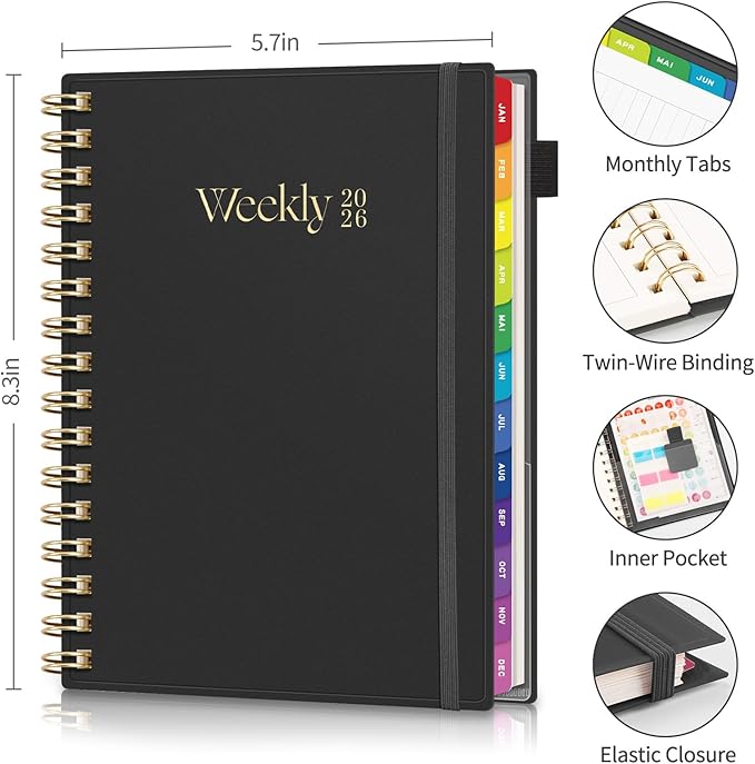 EMSHOI 2026 Planner Weekly and Monthly, Week on One Page with Notes, A5 (5.7"x8.3"), Jan-Dec 2026 Calendar Agenda with Monthly Tabs, Note Pages, 100GSM Thick Paper, Flexible Cover, Black